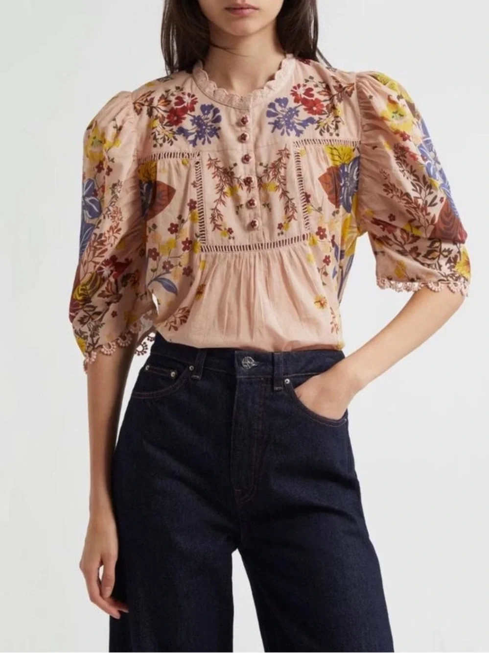 FARM RIO Beauty Bouquet Cotton Puff Sleeve Top Pink Floral Pattern size XS